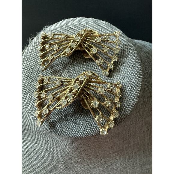 Musi Vtg Rhinestone Shoe Bow Clip Set Gold Tone Old Hollywood Cocktail Wedding - Picture 1 of 5